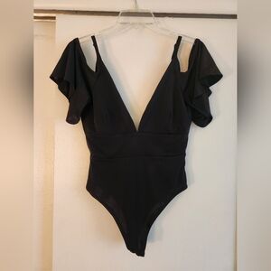 Lulu's Flutter Sleeve Cold Shoulder Plunge Bodysuit